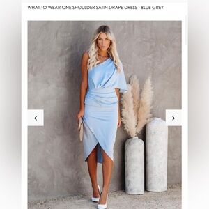 What to wear one shoulder satin drape dress - blue gray